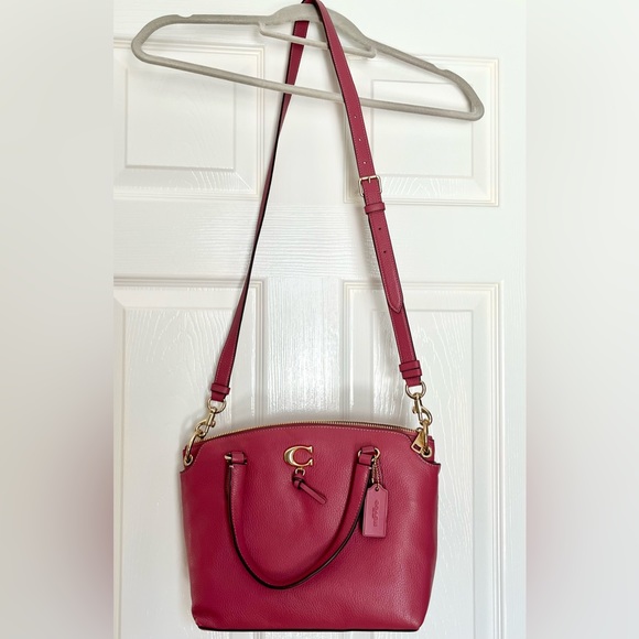 COACH REMI PINK RED PEBBLED LEATHER GOLD C TOP ZIP CROSSBODY SATCHEL BAG - Picture 11 of 12